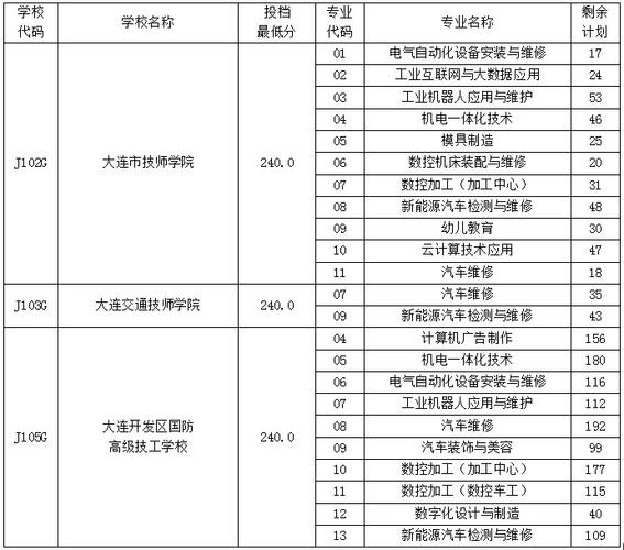 2021年大连市职业院校第一段部分学校（专业）剩余计划情况(技術學校維修)