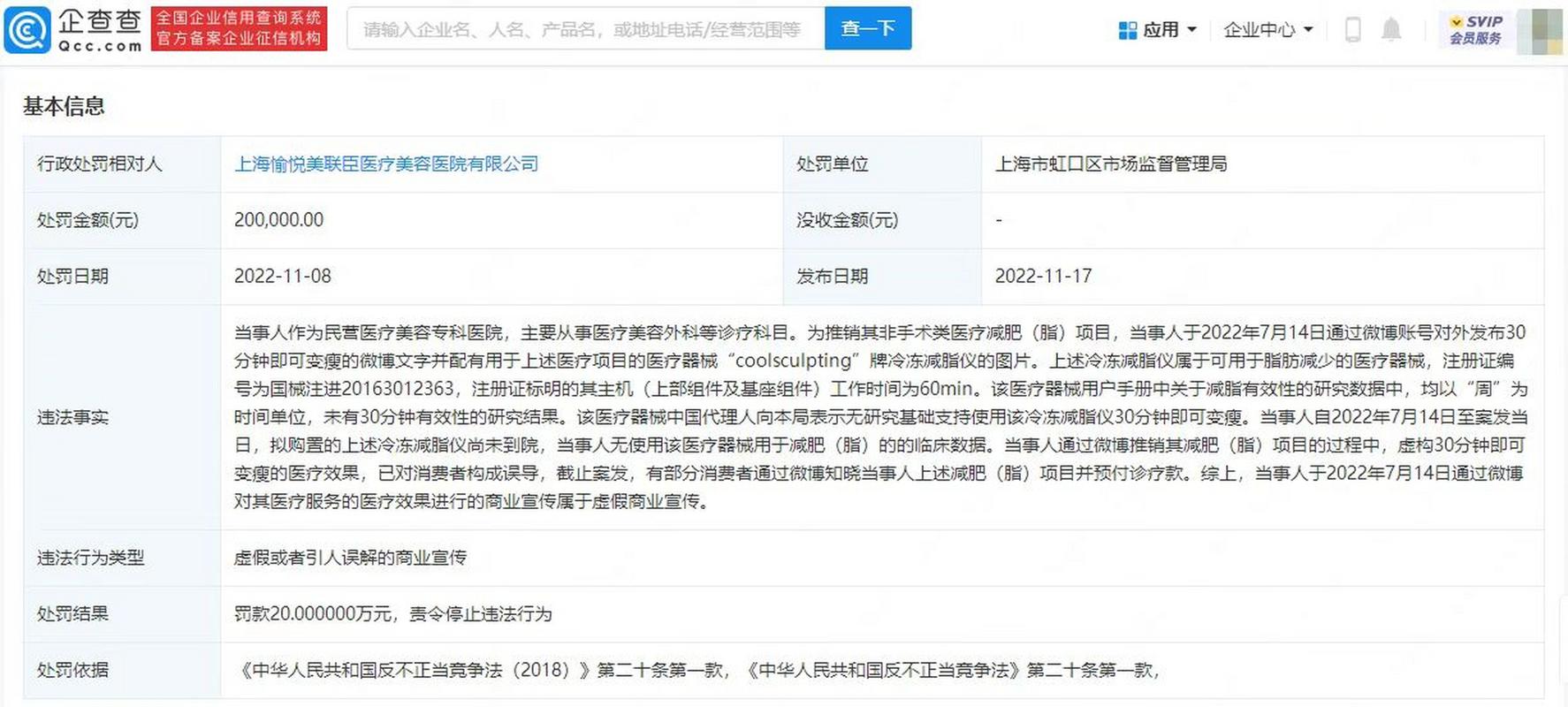 美容院称减脂仪30分钟即变瘦被罚20万(當事人醫療器械減肥)