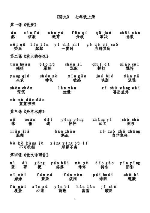 初中语文 | 7-9年级（上册）字词注音汇总(上冊註音字詞)