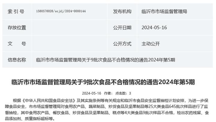 山东省临沂市市场监督管理局食品抽检20批次样品不合格(不合格購進日期)