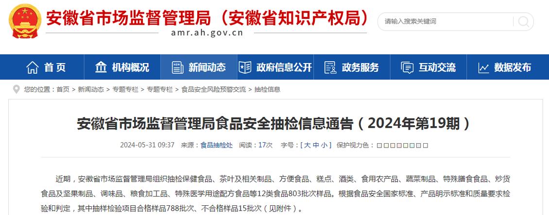 安徽省22批次食品抽检不合格 涉镇江市林冠食品等(檢出標準規批號)